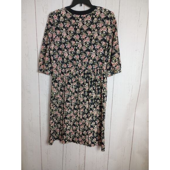 Vintage Dress 14 Large Long Sleeve Pleated Black Pink Flowers Secretary Breli - Picture 6 of 10